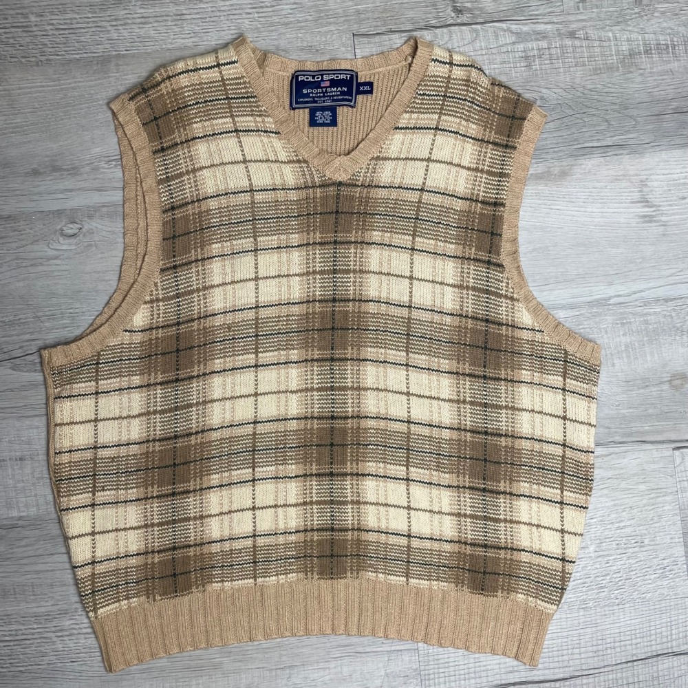 Polo Sport Sportsman Ralph Lauren Plaid Sweater Vest XXL Tan Linen‎ Cotton Silk